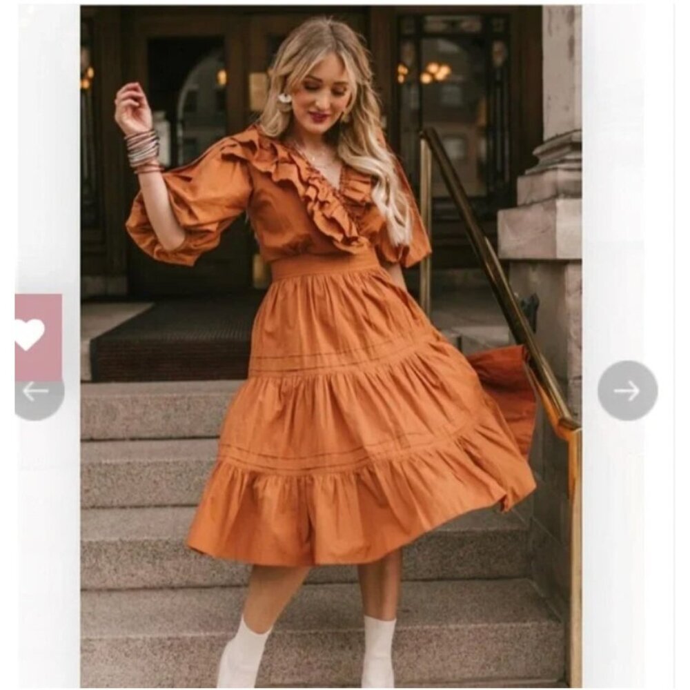 Ivy City Ginger Dress Womens Small Orange Ruffle Smocked Puff Sleeve Fit Flare